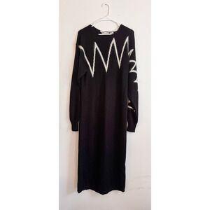 Vintage 80's Black & White Zigzag Angora Blend Knit Sweater Dress Womens Large